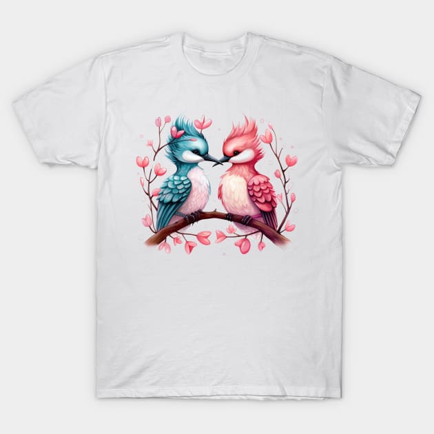 Valentine Kissing Grebe Bird Couple T-Shirt by Chromatic Fusion Studio